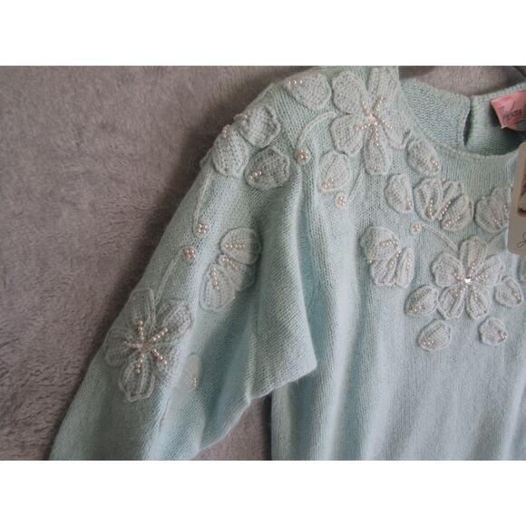 Vintage Jaclyn Smith Angora Silk Floral Beaded Sweater Medium Blue Pullover 90 - Picture 2 of 7
